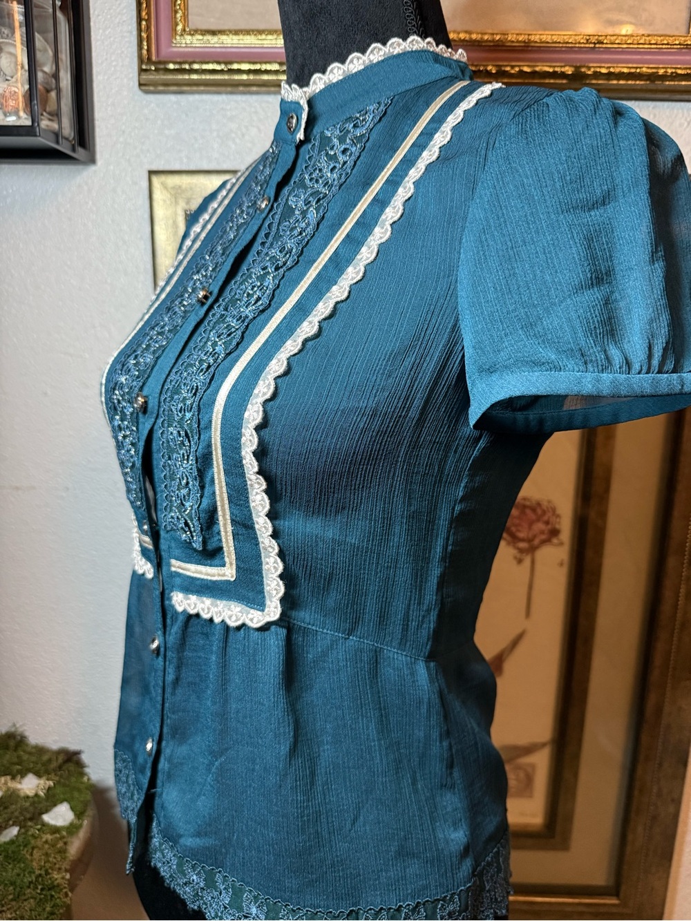 Victorian Teal Lace Bib Front Blouse •Size S• Sheer Chiffon Rhinestone Buttons - Picture 3 of 16